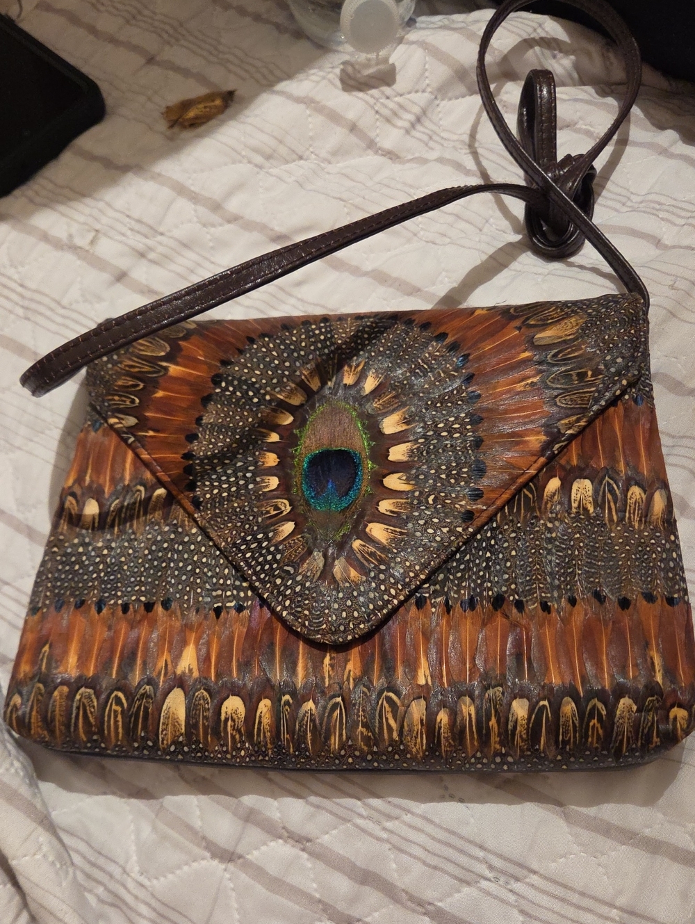 Handcrafted Brown Peacock-Feather Envelope Crossbody Bag